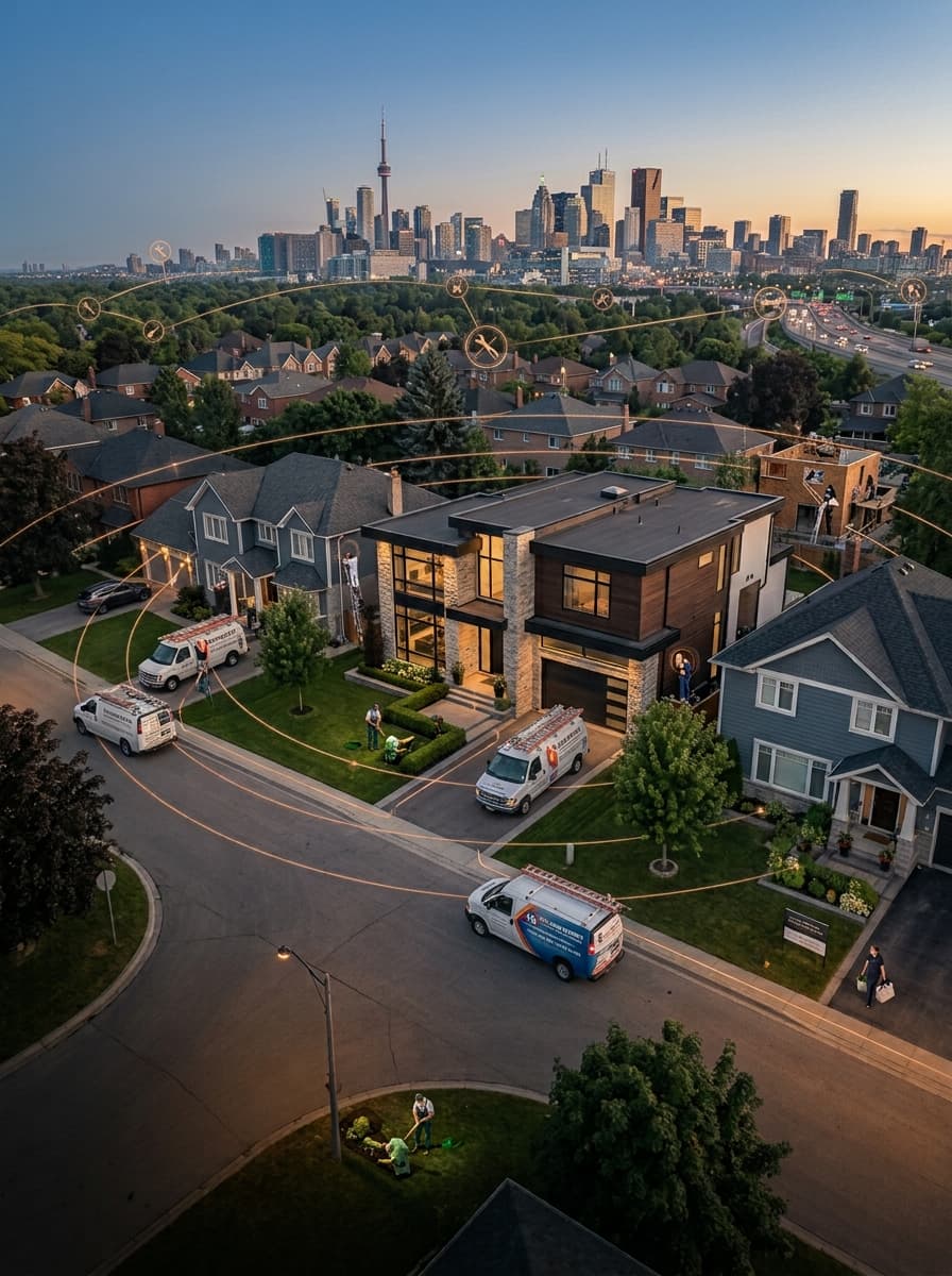 Toronto neighbourhood with local service vehicles and the city skyline