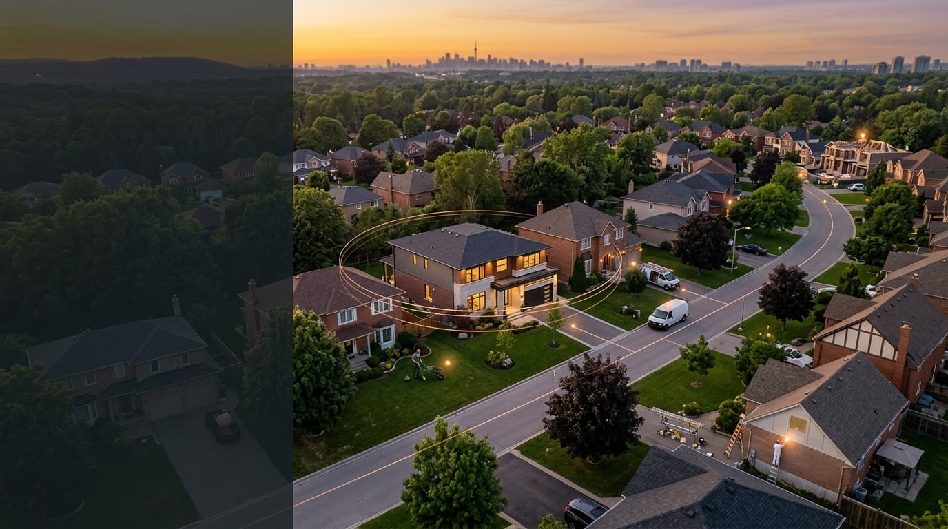 Toronto-area neighbourhood at sunset with the city skyline in the distance