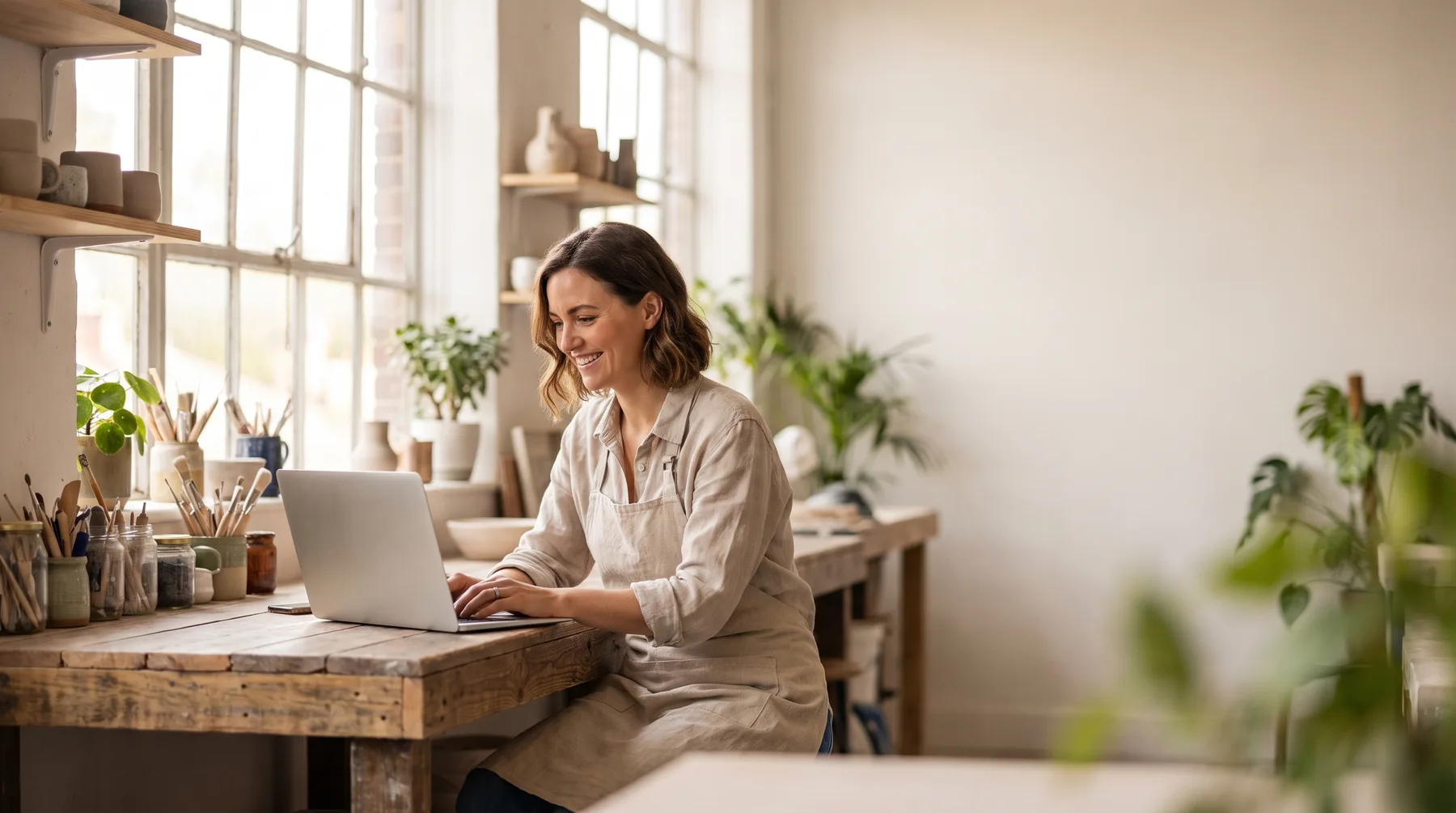 A local professional using a laptop in a bright working studio