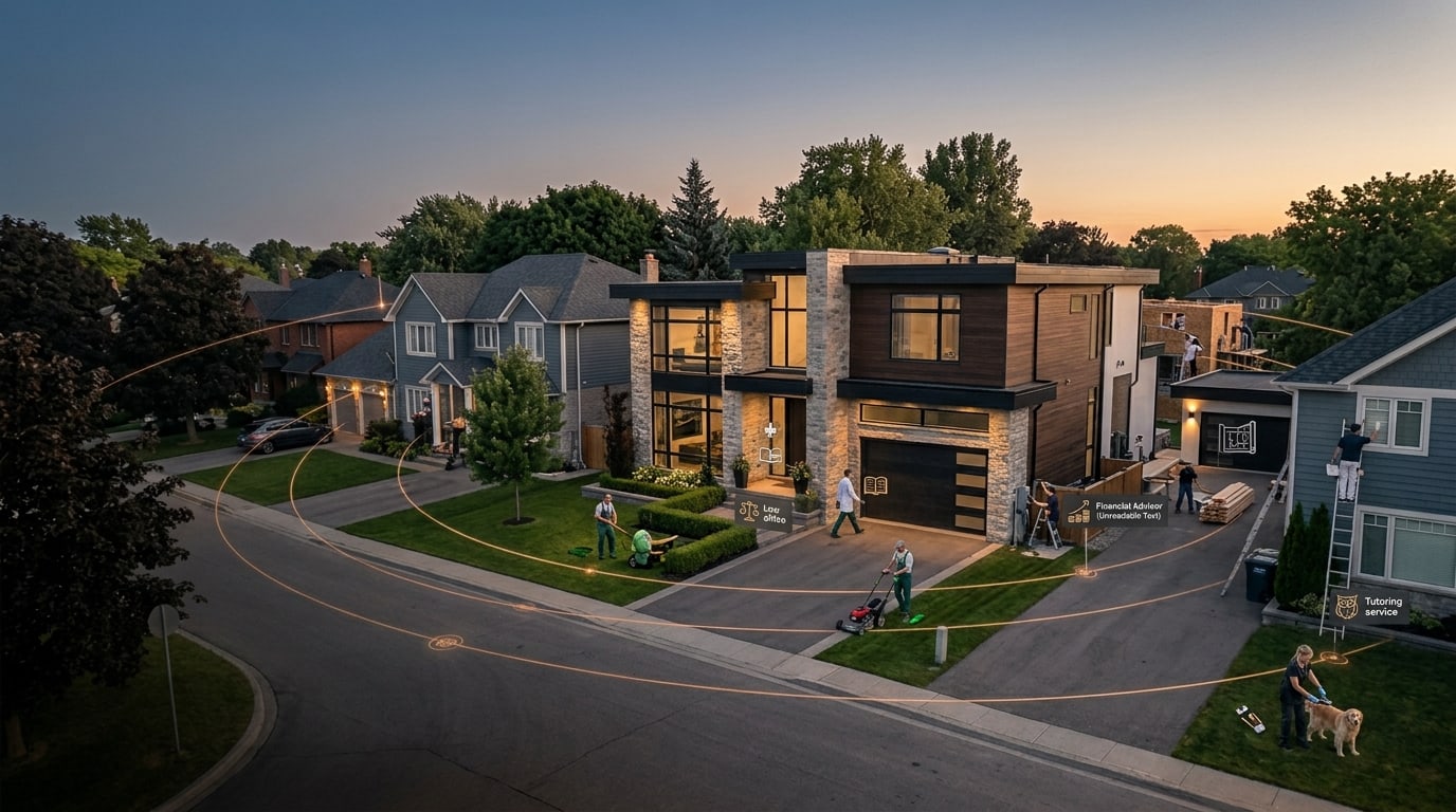 A neighbourhood at dusk with local professionals working around nearby homes